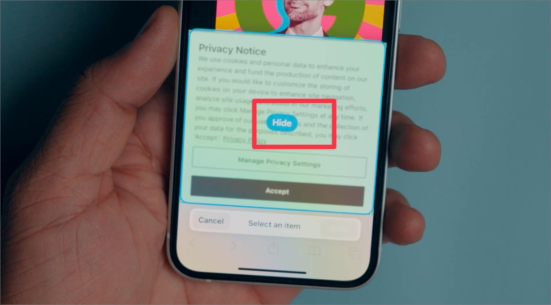 Tap the Hide button to remove it