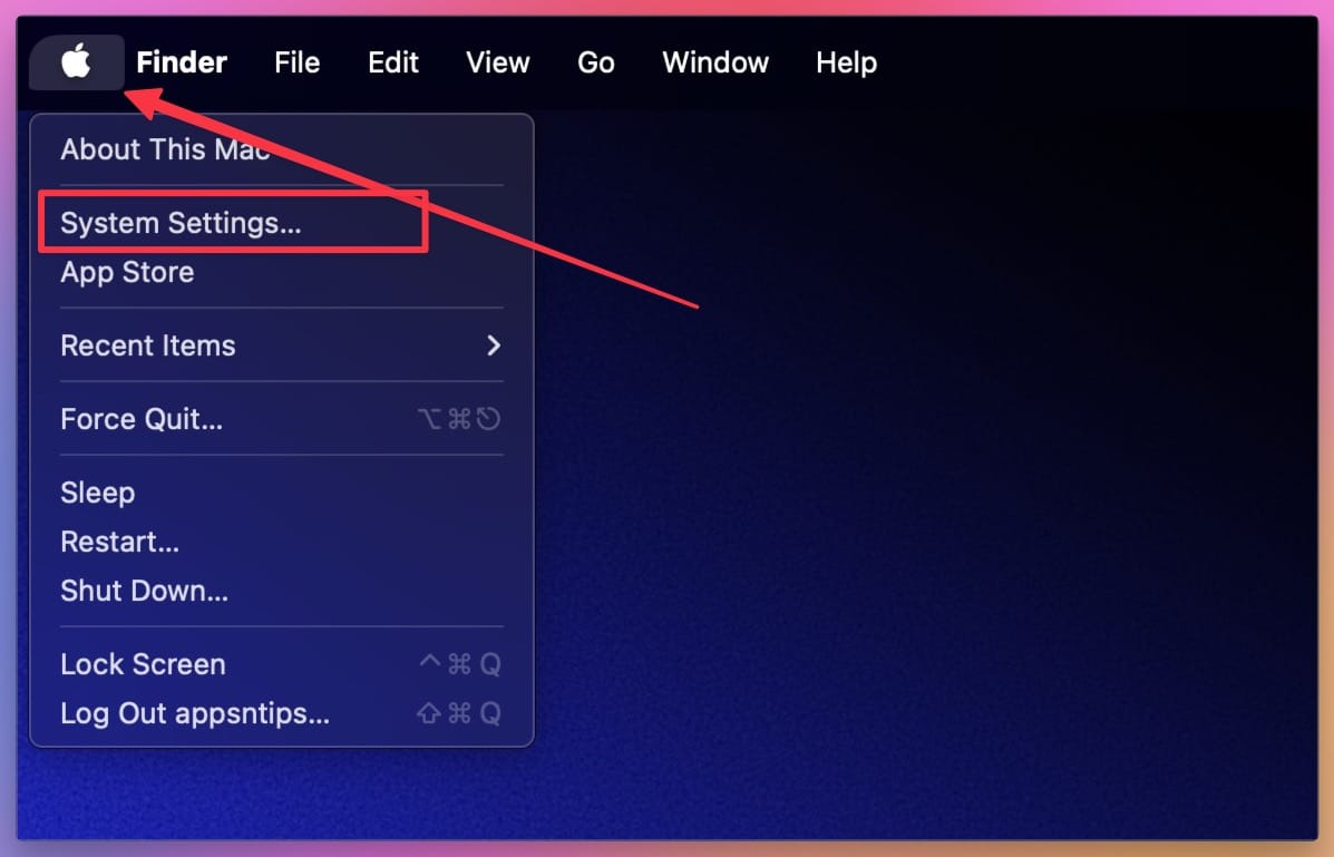 apple menu showing system settings option