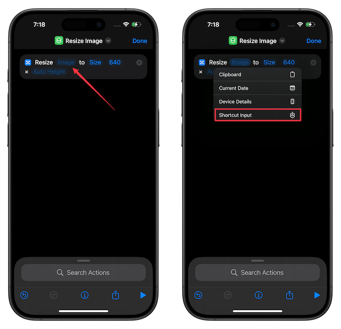 choose the&nbsp;Shortcut Input&nbsp;item