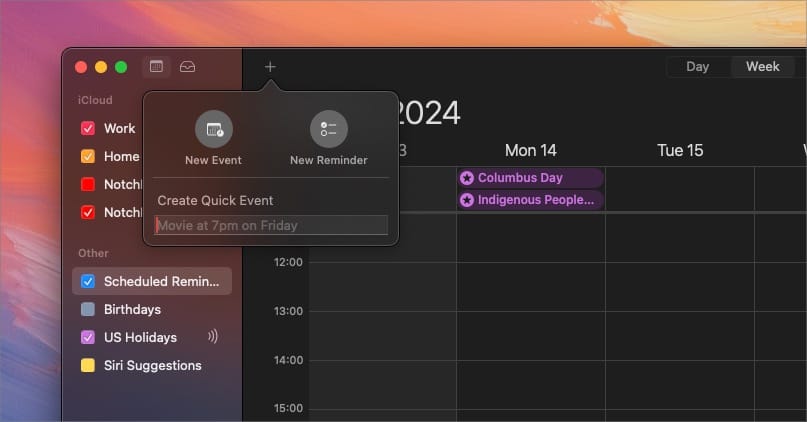 New Reminder Button in Apple Calendar