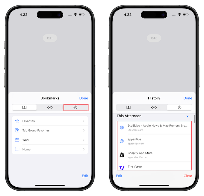 History&nbsp;tab in safari