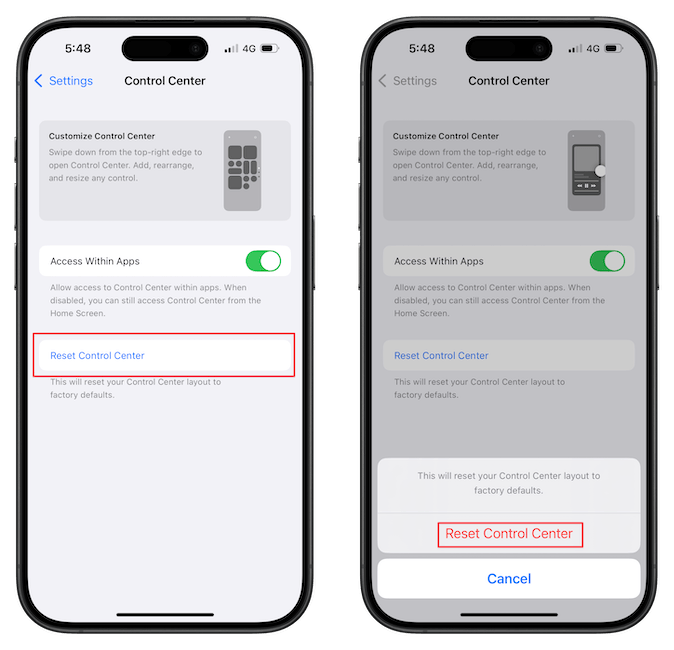 Reset Control Center&nbsp;option