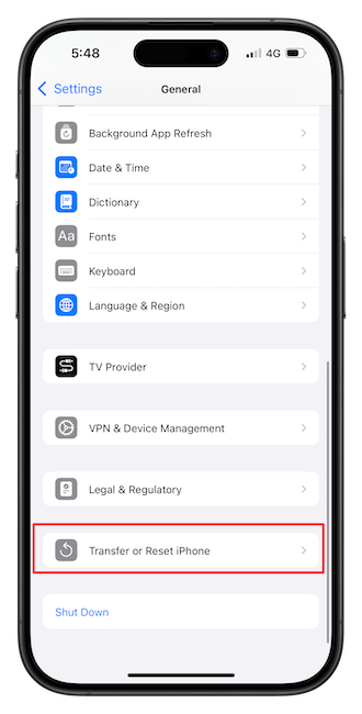 Transfer or Rest iPhone&nbsp;option