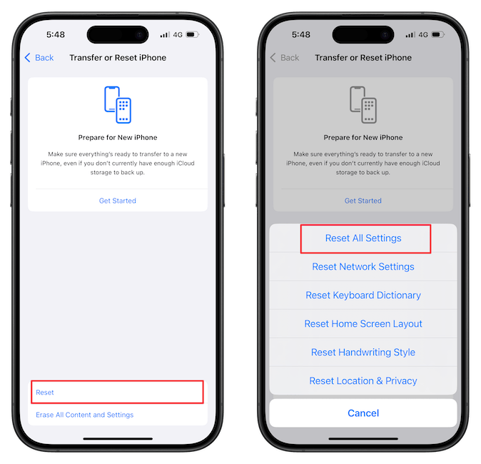 Reset All Settings&nbsp;option