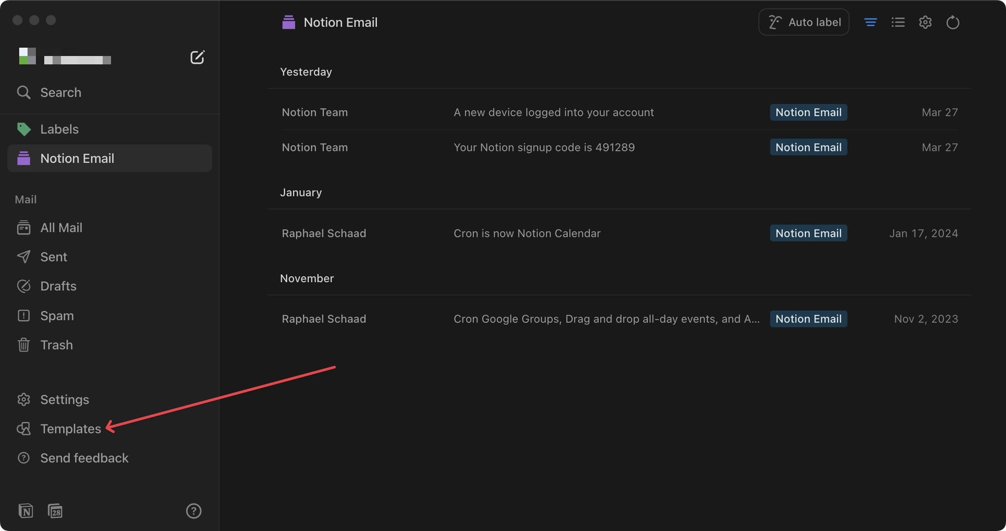 Notion Templates Feature in sidbar