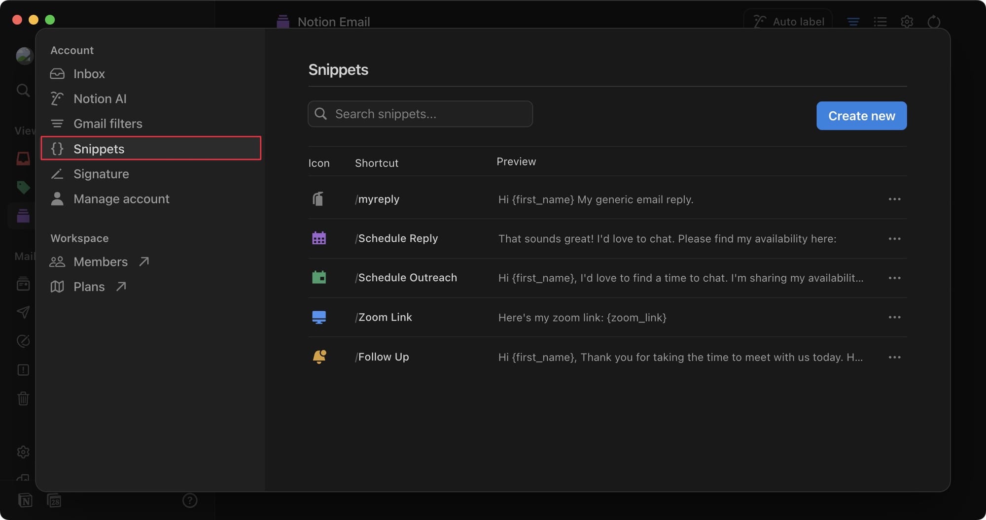 Snippets feature in Notion Mail