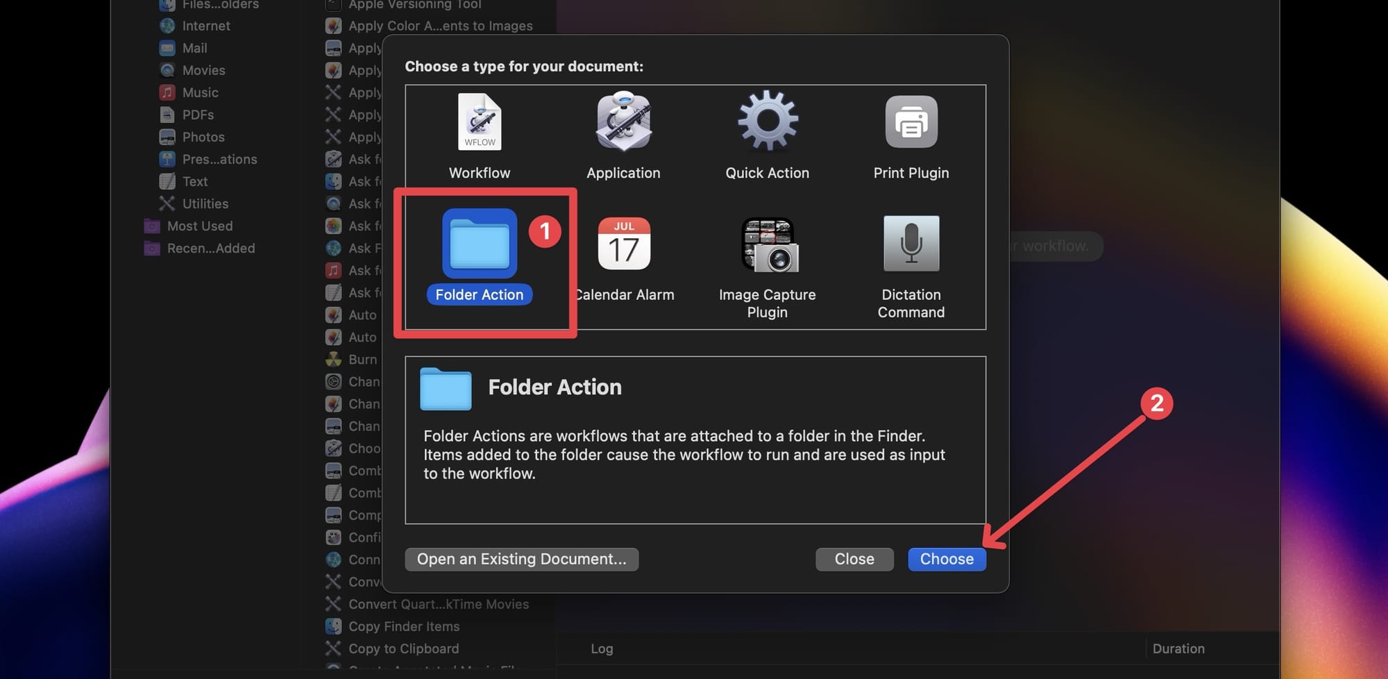 choosing the folder action option