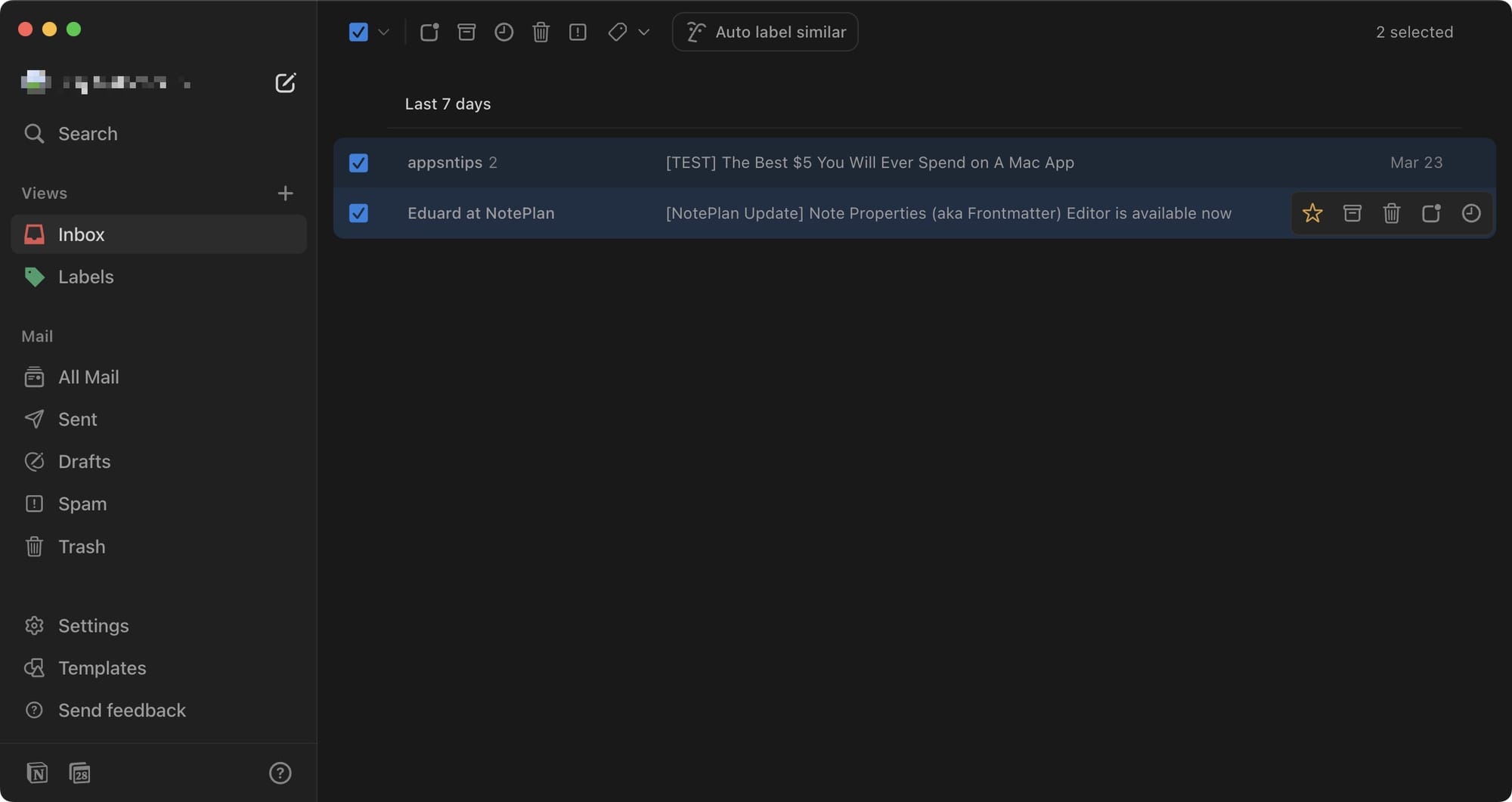 mails selected in Notion
