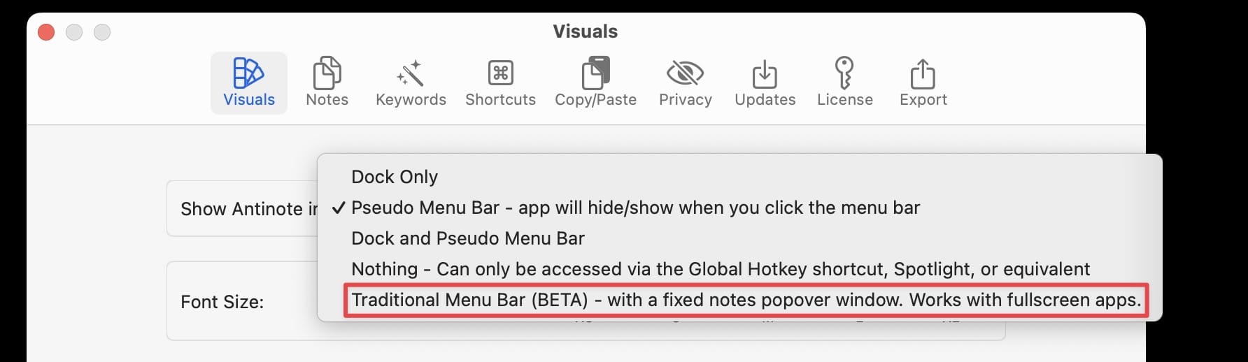 traditional menu bar option