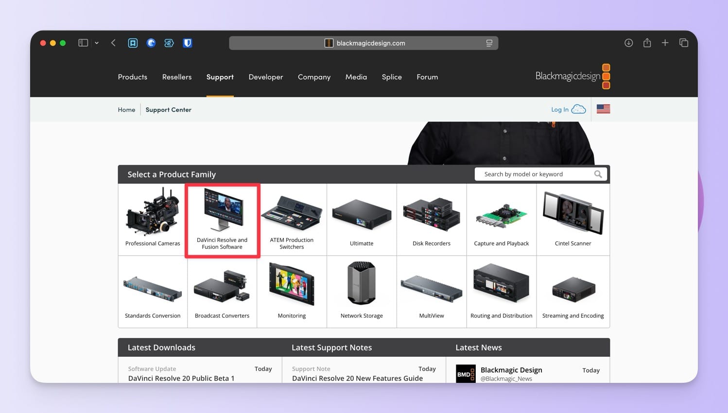 BlackMagic Design website support page