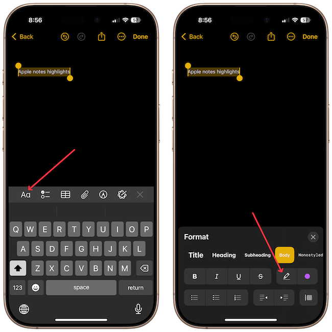Apple Notes showing Aa formatting button