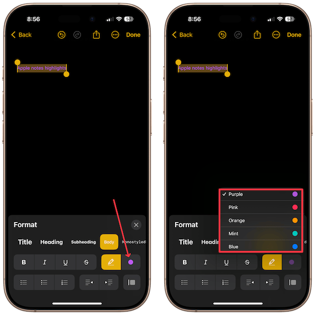 Changing highlight color in Apple Notes