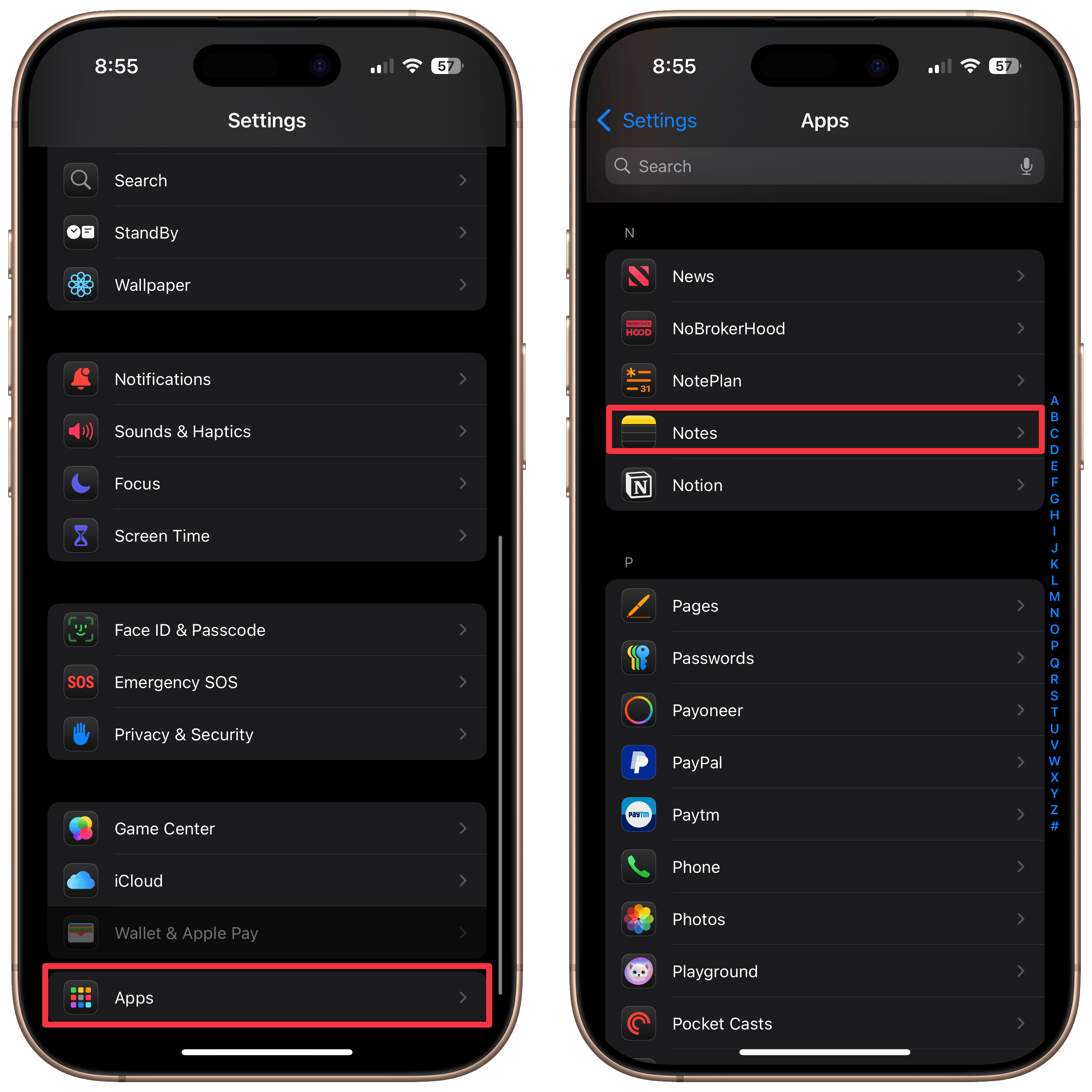 Opening Notes app settings