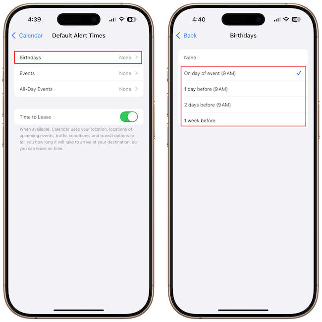 screenshots showing birthday alert times