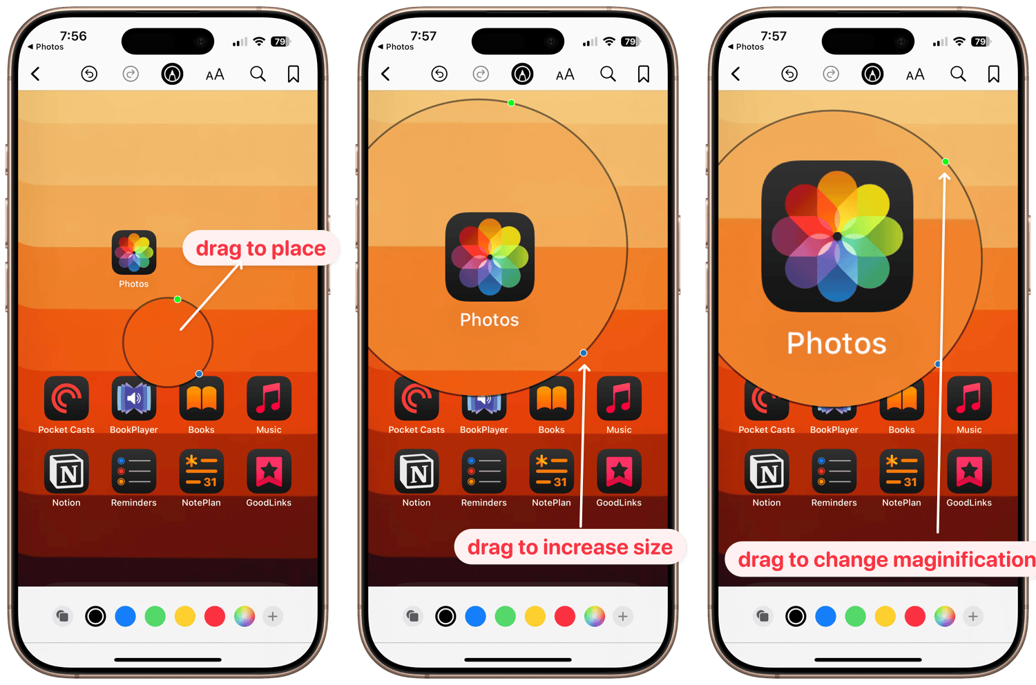 screenshots showing different functions of magnifier tool