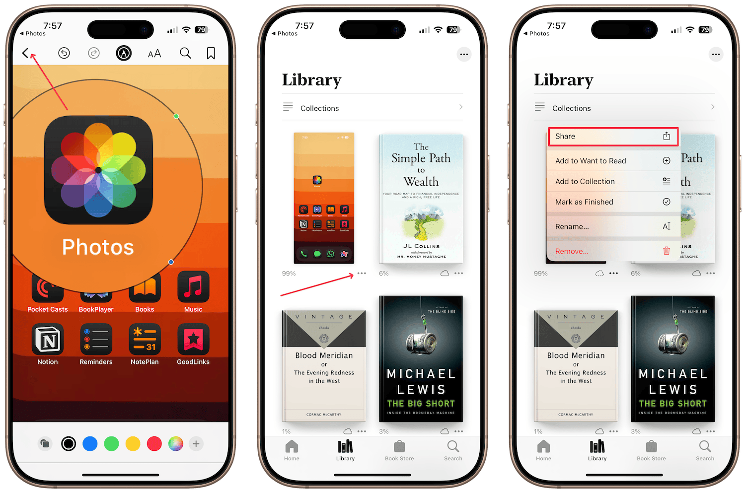 screenshots showing steps to share edited screenshot from Books app