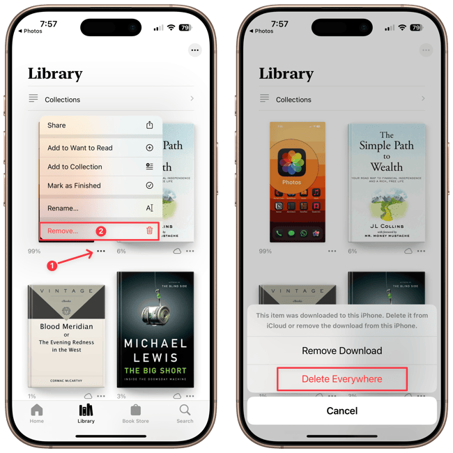 screenshots showing steps to delete edited screenshot from Books app