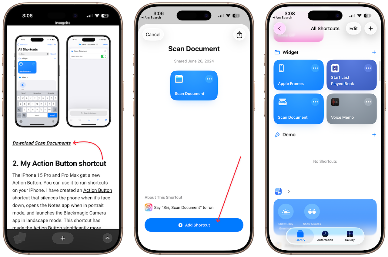 screenshots showing how to install shortcuts on iPhone