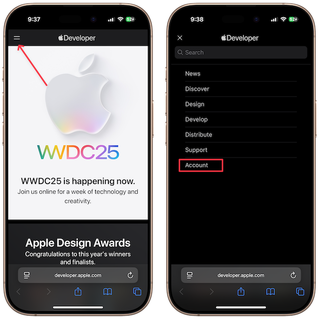 logging into apple developer account