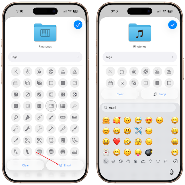 iPhone screenshot showing folder emojis