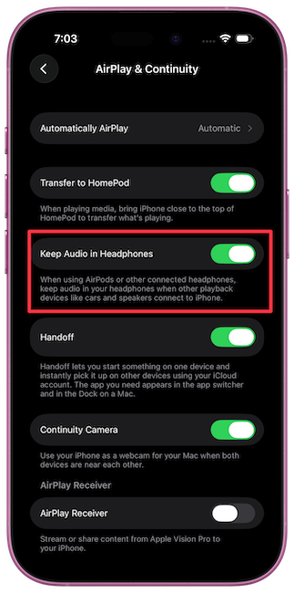 Keep audio in headphones feature