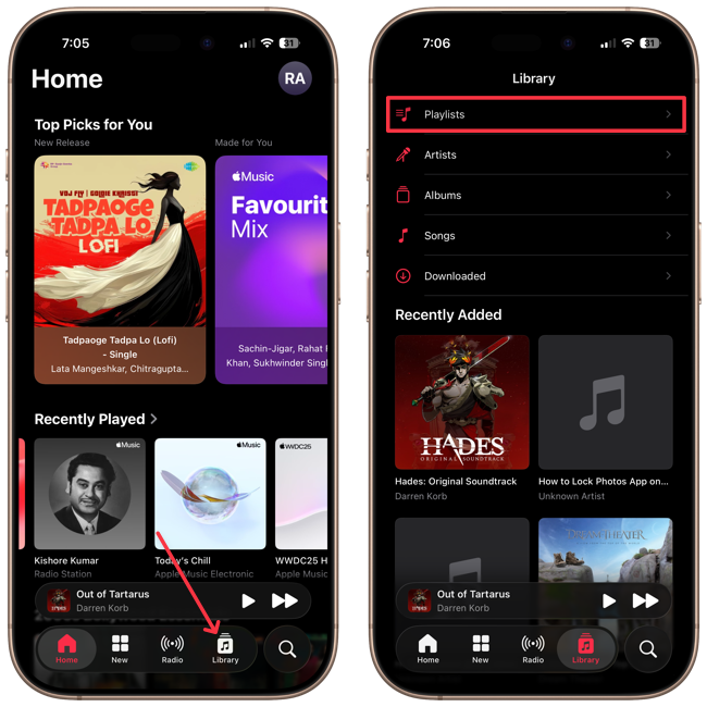 Library section showing Playlists option in Music app