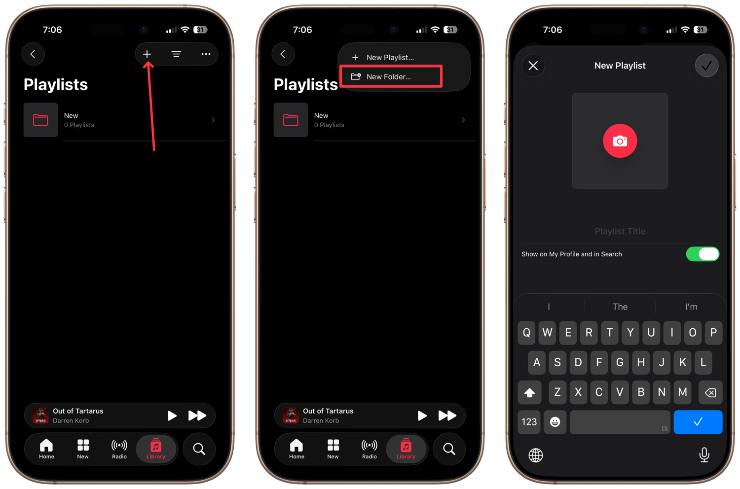 screenshots showing the steps to add a playlist folder in music app on iPhone