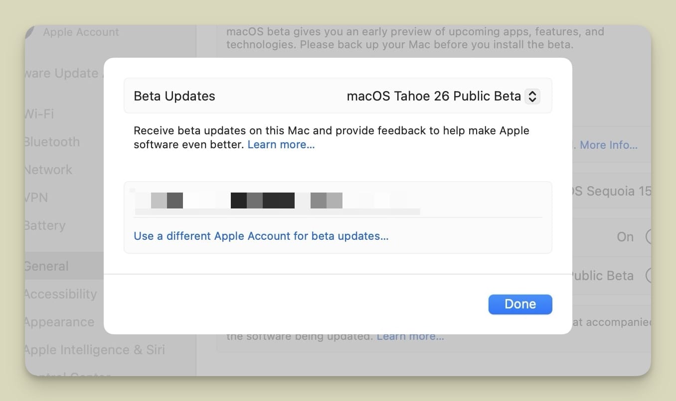 beta updates drop down menu