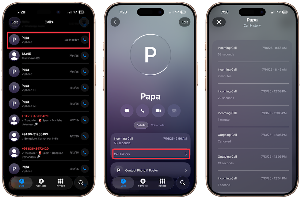 showing call history of a contact on iPhone