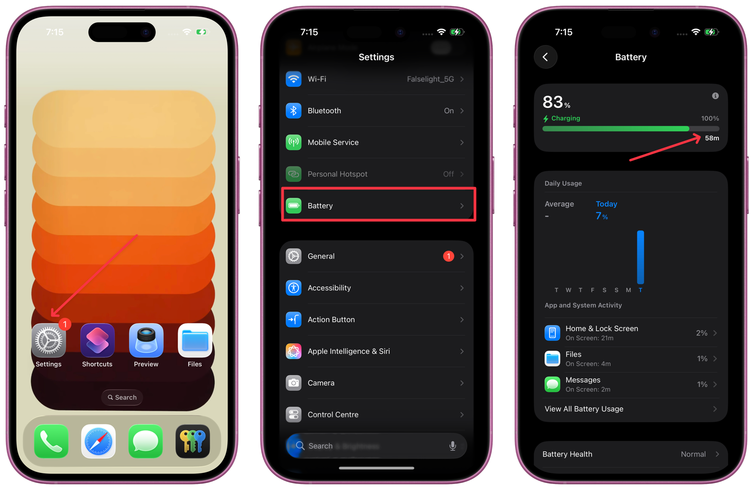 iPhone showing time remaining till full charge in settings app