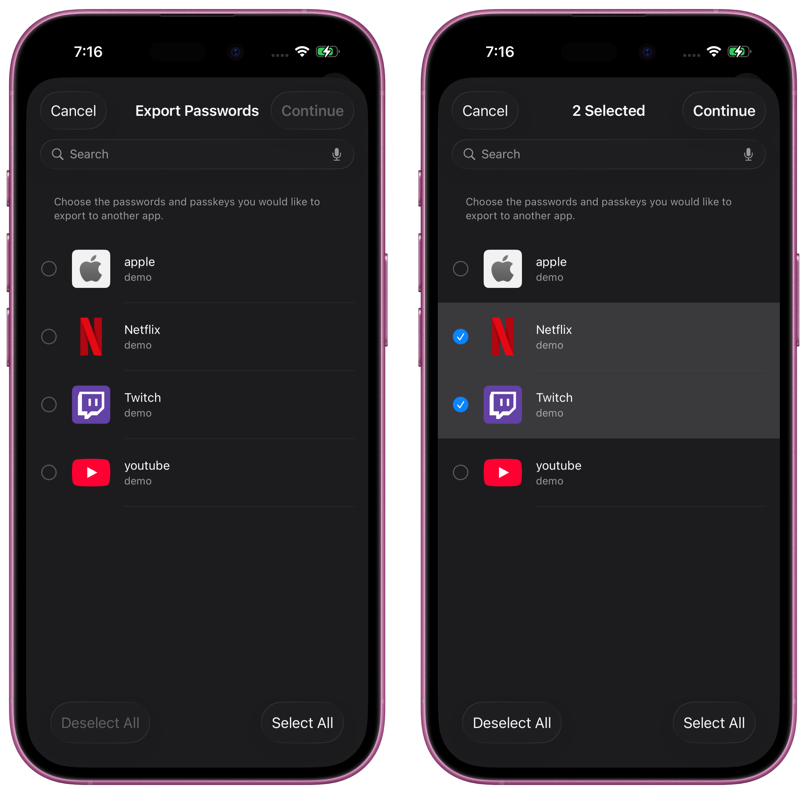 selecting passwords to export