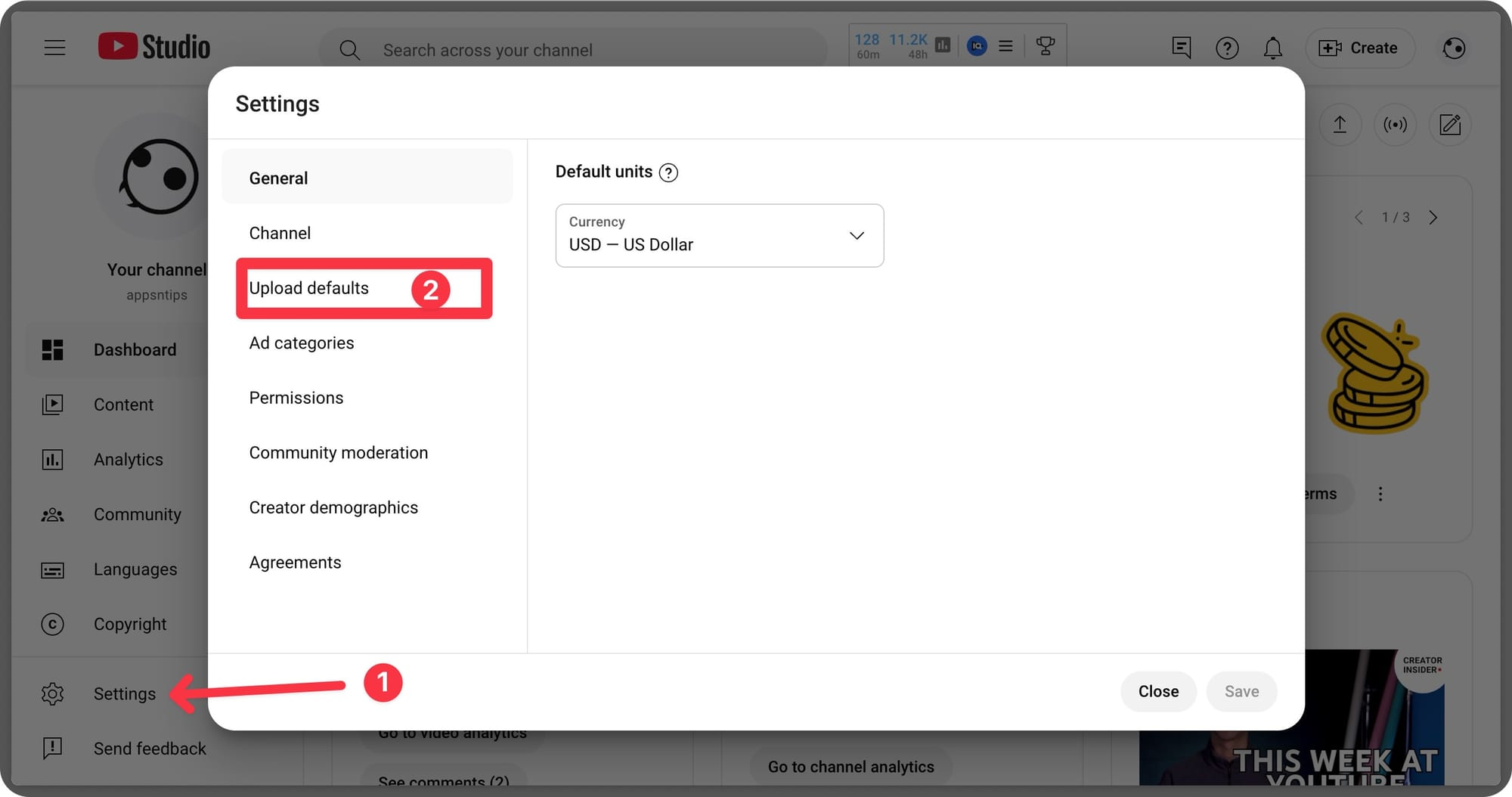 opening upload default settings