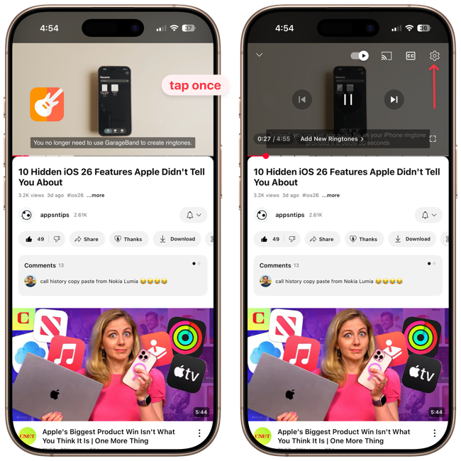 revealing the settings in youtube video player