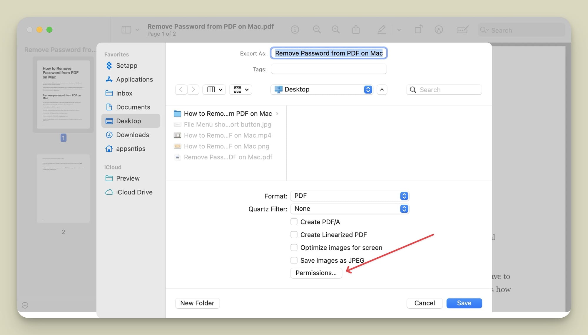 screenshot showing  Permissions button