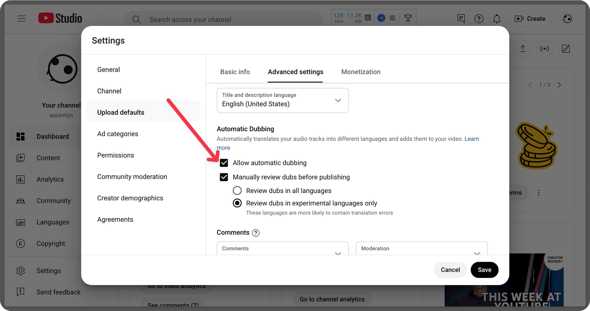 screenshot showing Allow Automatic Dubbing feature