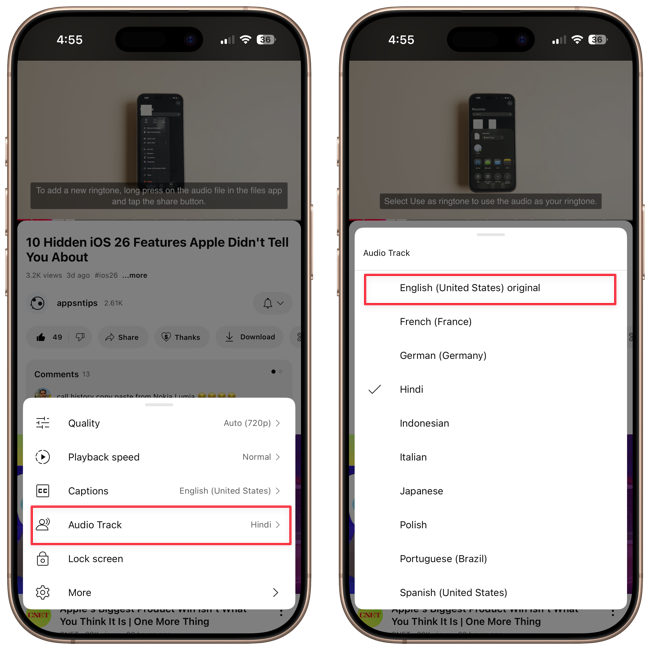 selecting original audio track to play in youtube