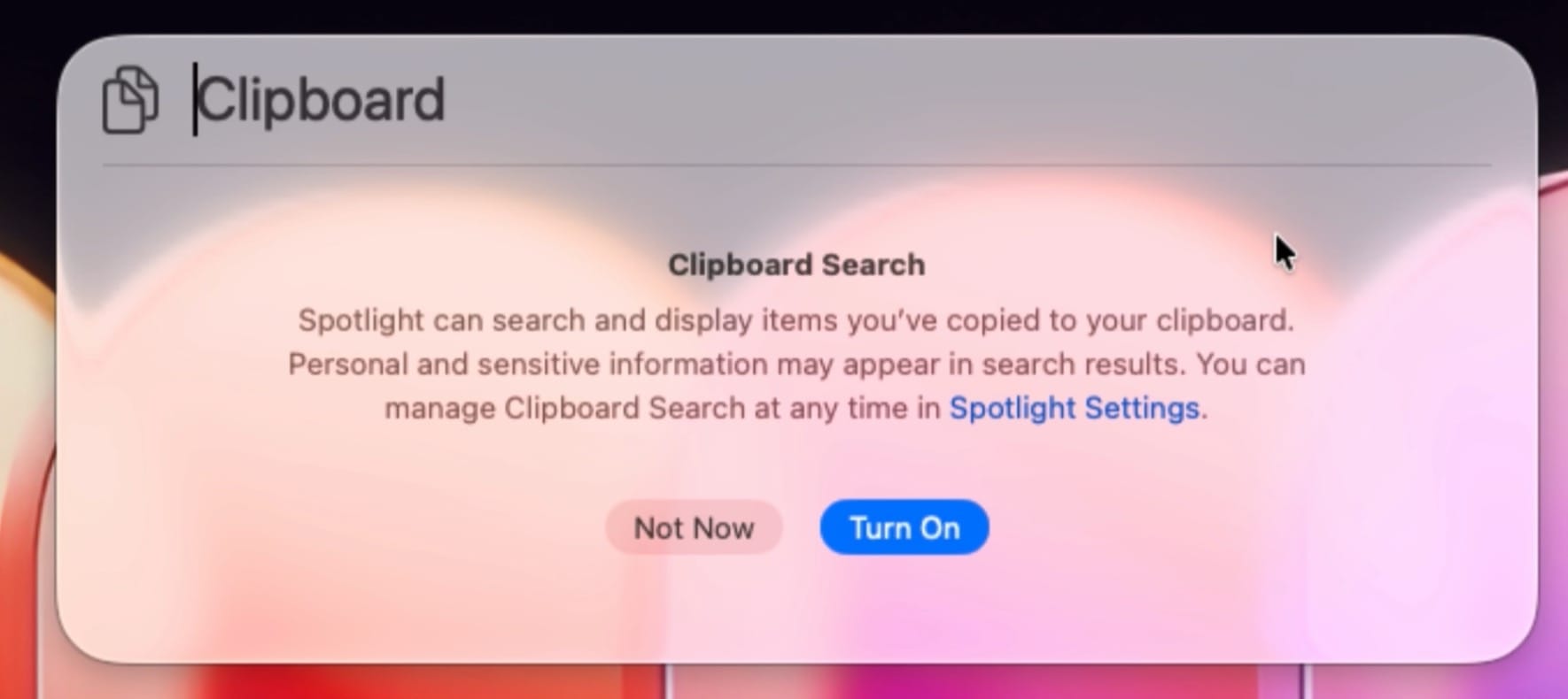 clipboard history feature in Spotlight