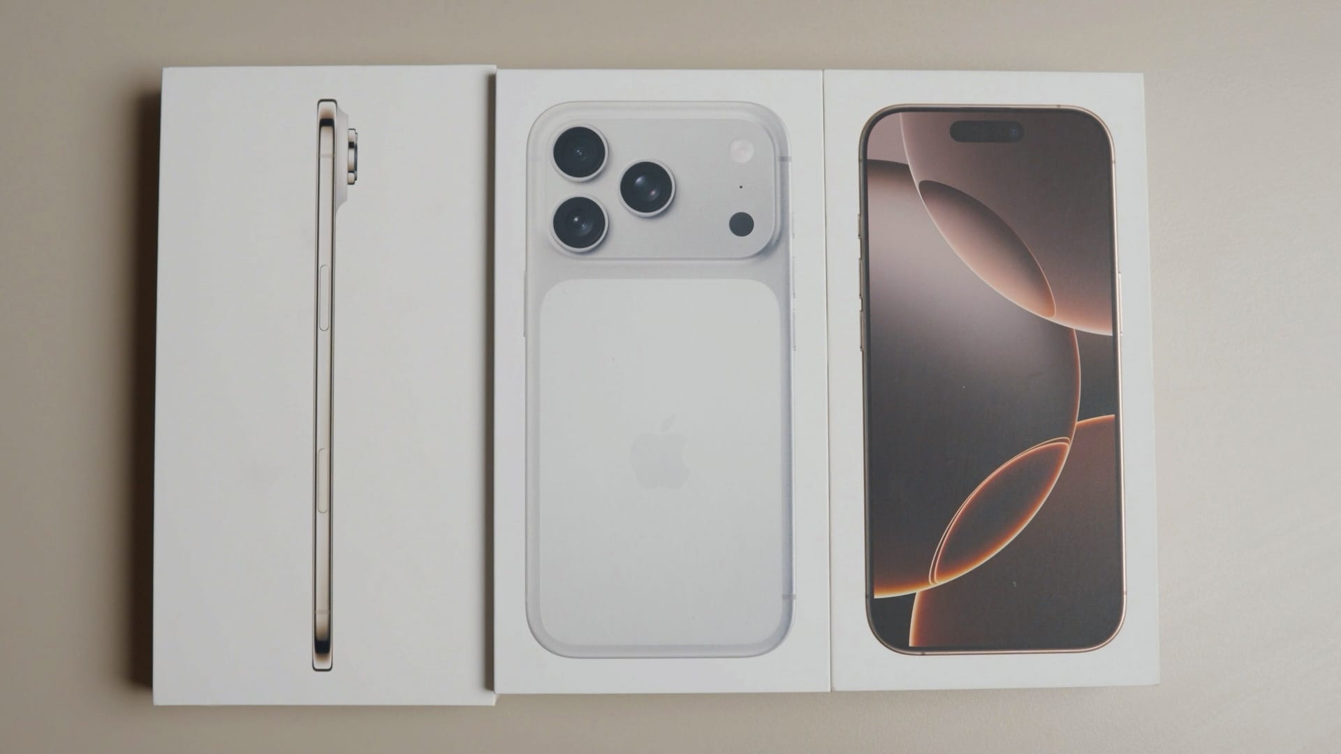 iPhone 17 Pro, 16 Pro, and iPhone Air Boxes side by side