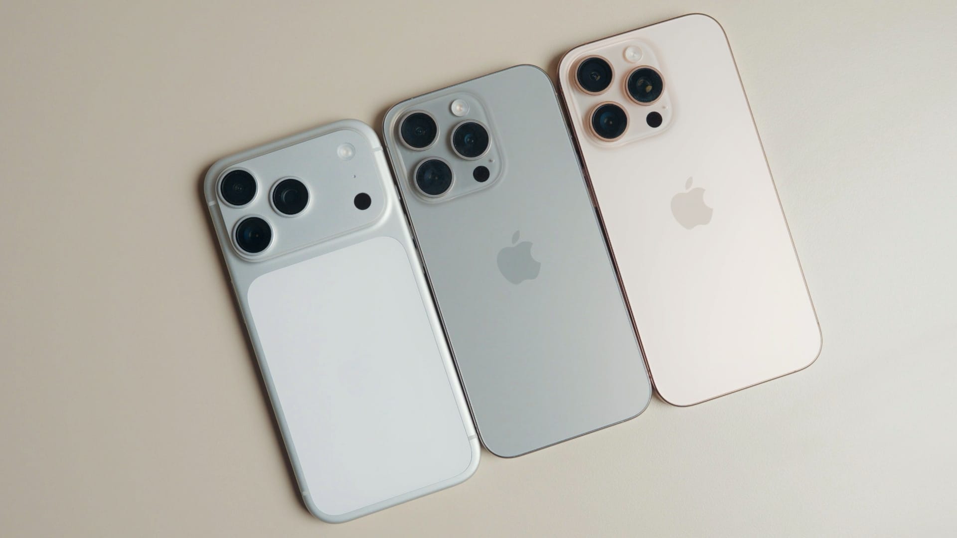 iPhone 17 Pro, iPhone 16 Pro, and iPhone 15 Pro side by side