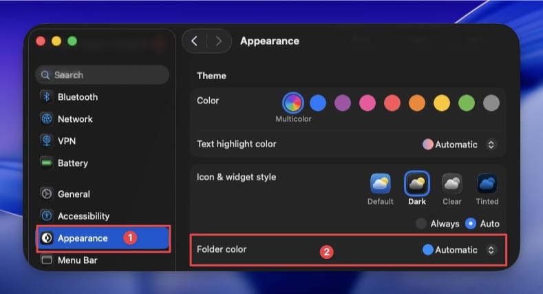 system settings screenshot showing Appearance settings