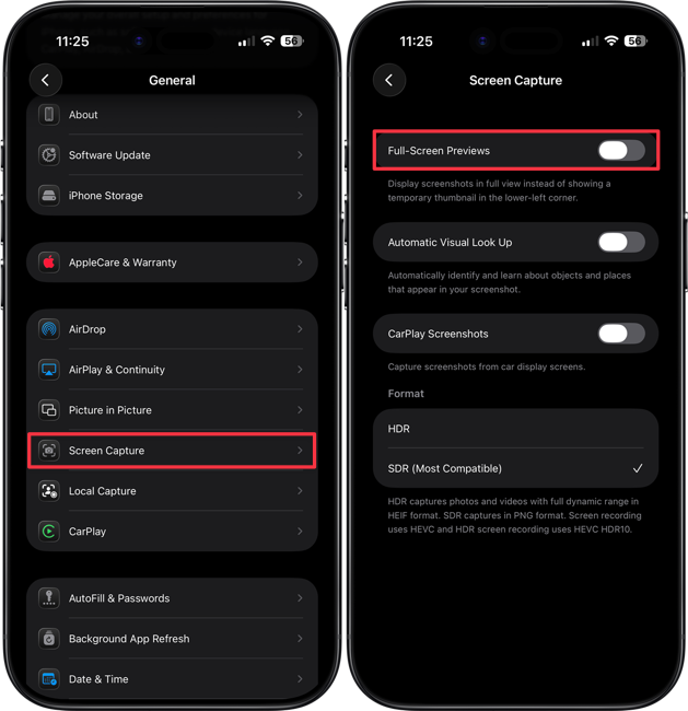 disabling full screen screenshot preview