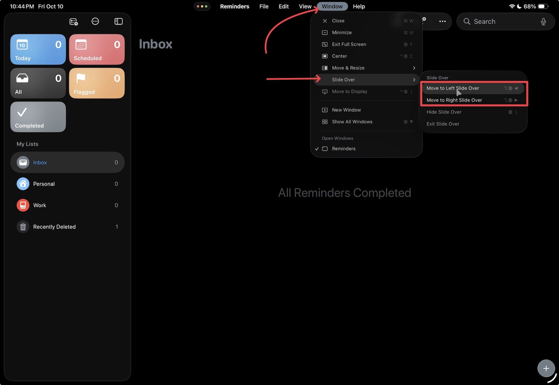 enabling slideover mode from menu bar