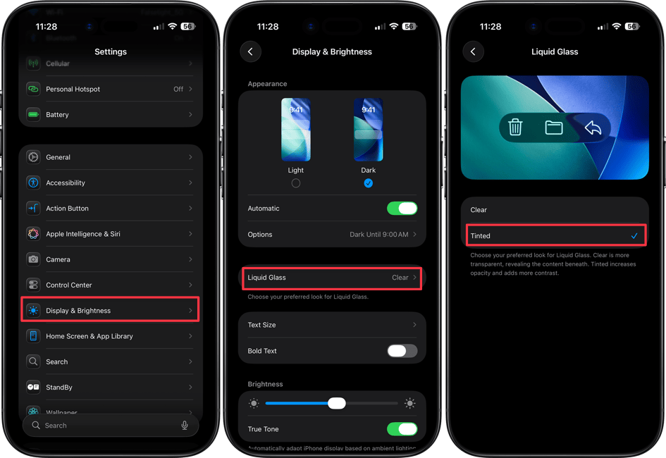 turning on tinted liquid glass