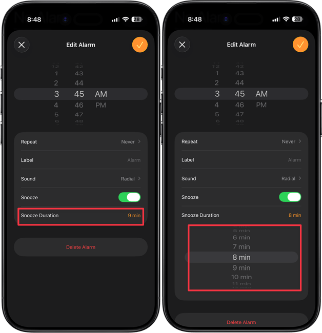 changing snooze time for alarm