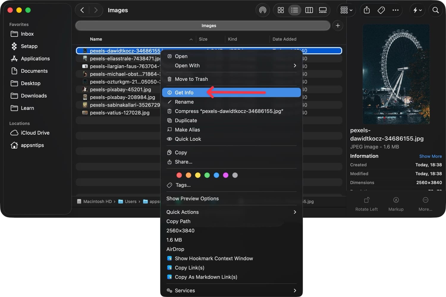 Get Info button in right-click menu