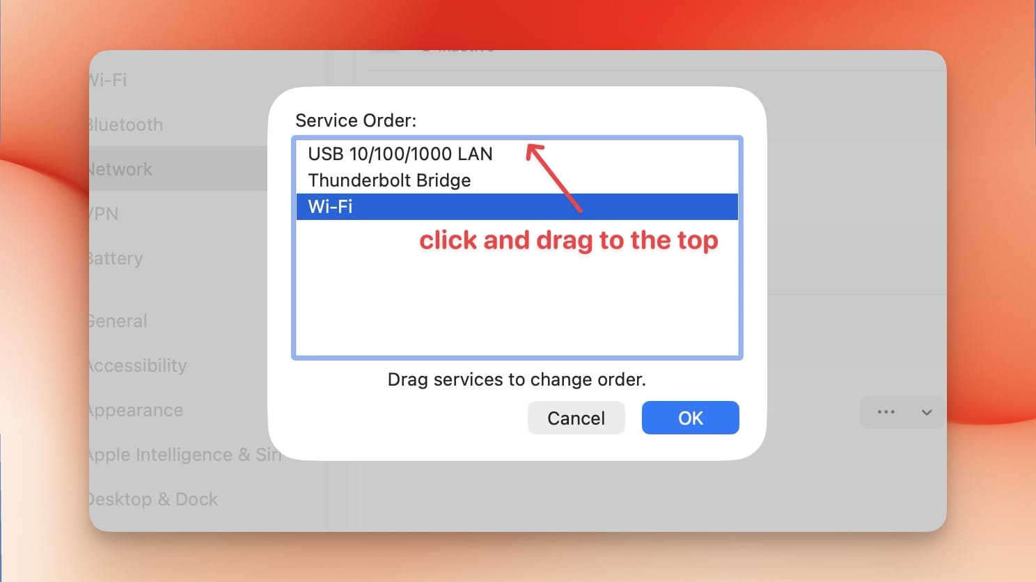 setting wifi to the top