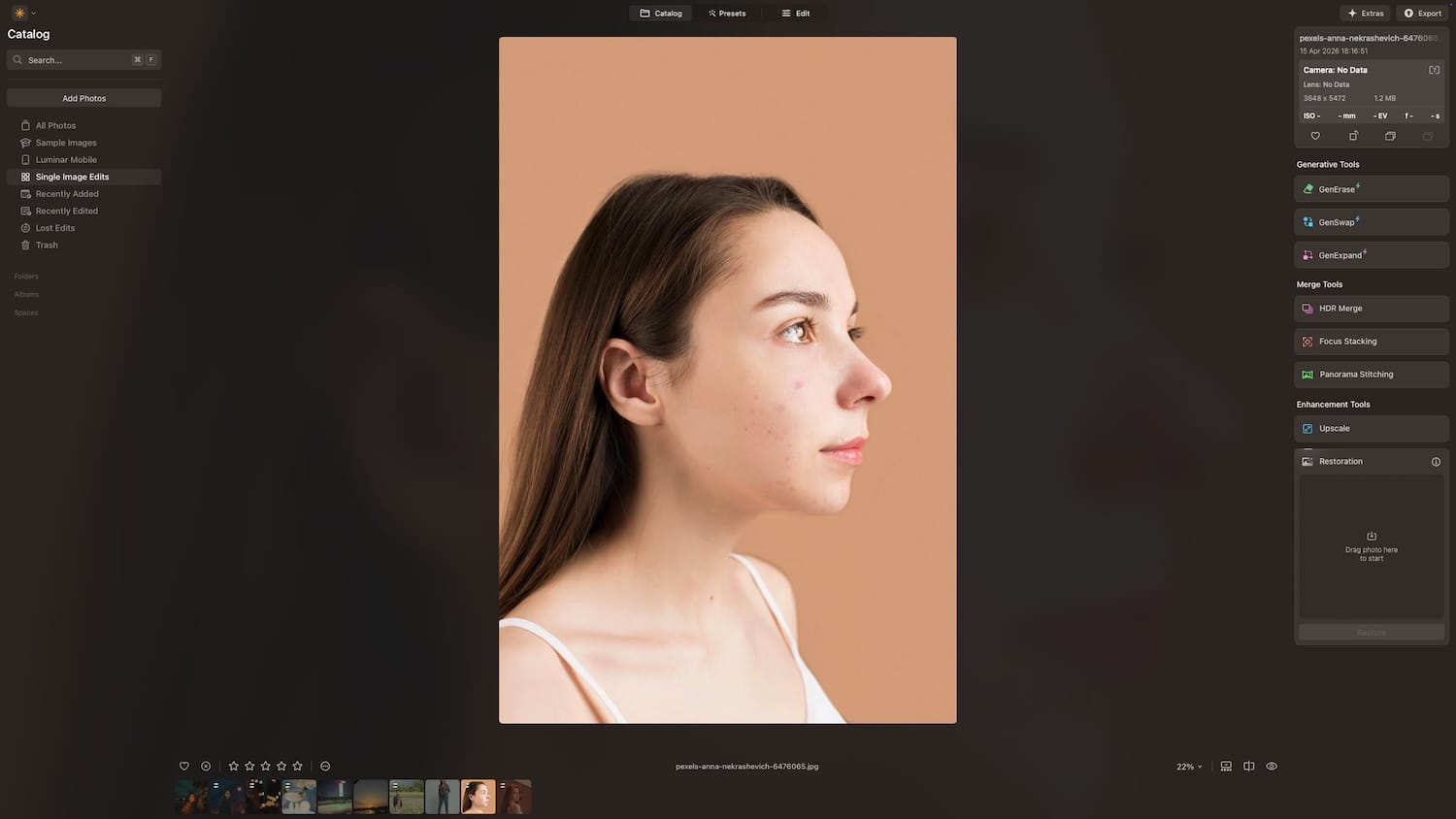Blemishes removed from face using Luminar Neo