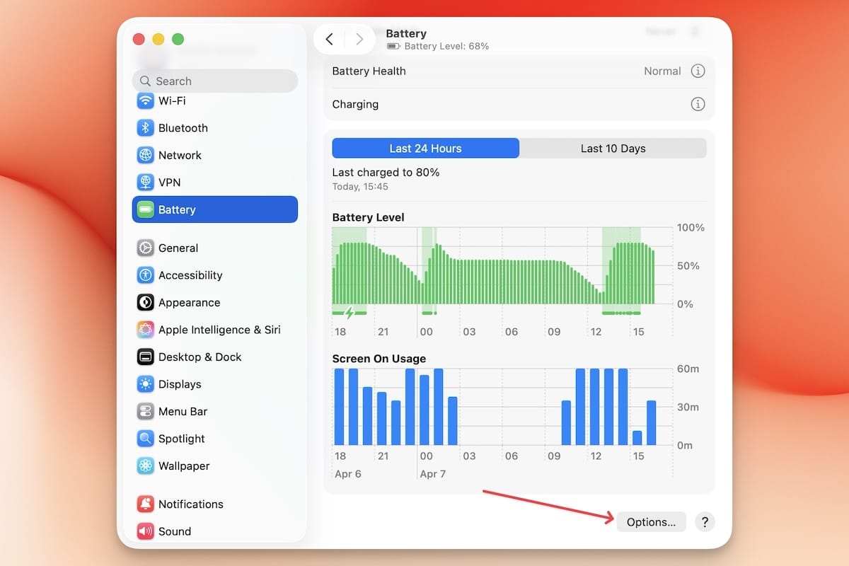 Options button in battery settings