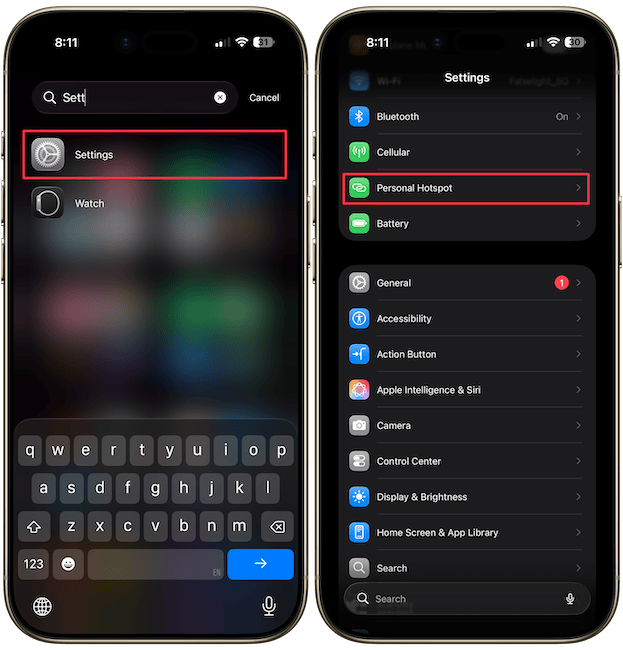 opening personal hotspot settings