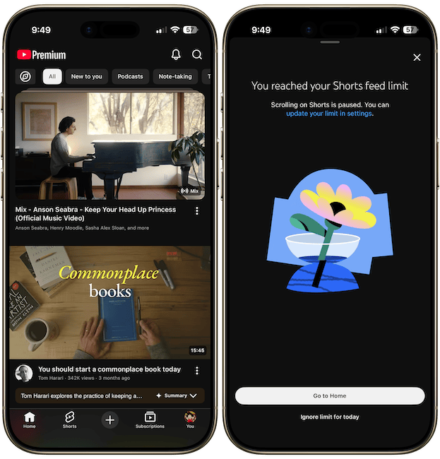 iPhone mockup showing YouTube app with shorts removed
